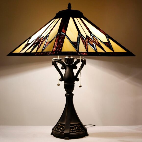 Tiffany Style Table Lamp Stained Glass Cream Amber Square Geometric Mission - Picture 1 of 6